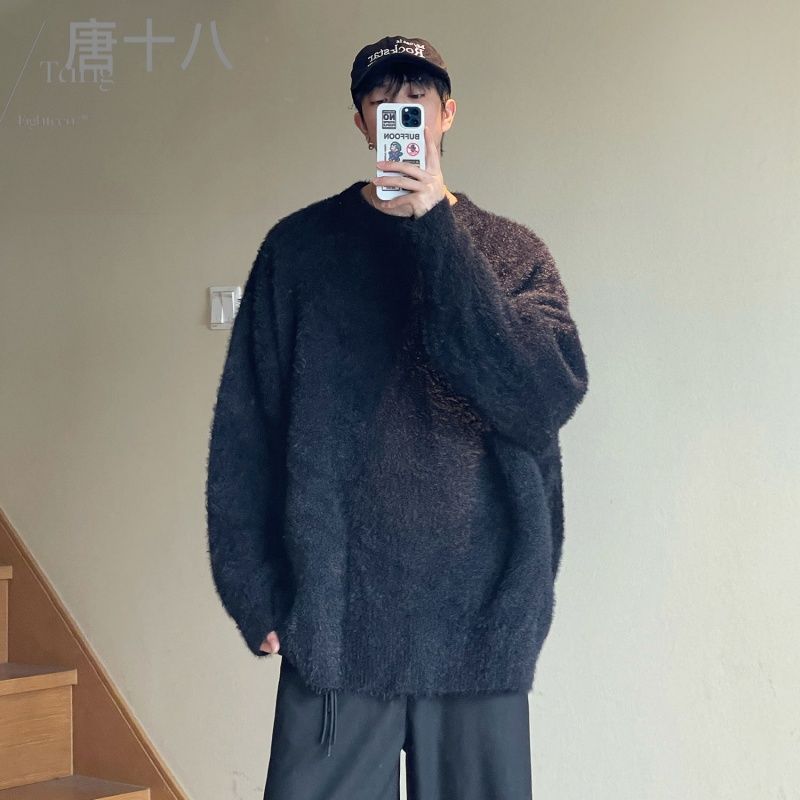 美式復古馬海毛軟糯毛衣男冬季慵懶風高級感寬鬆針織衫外套