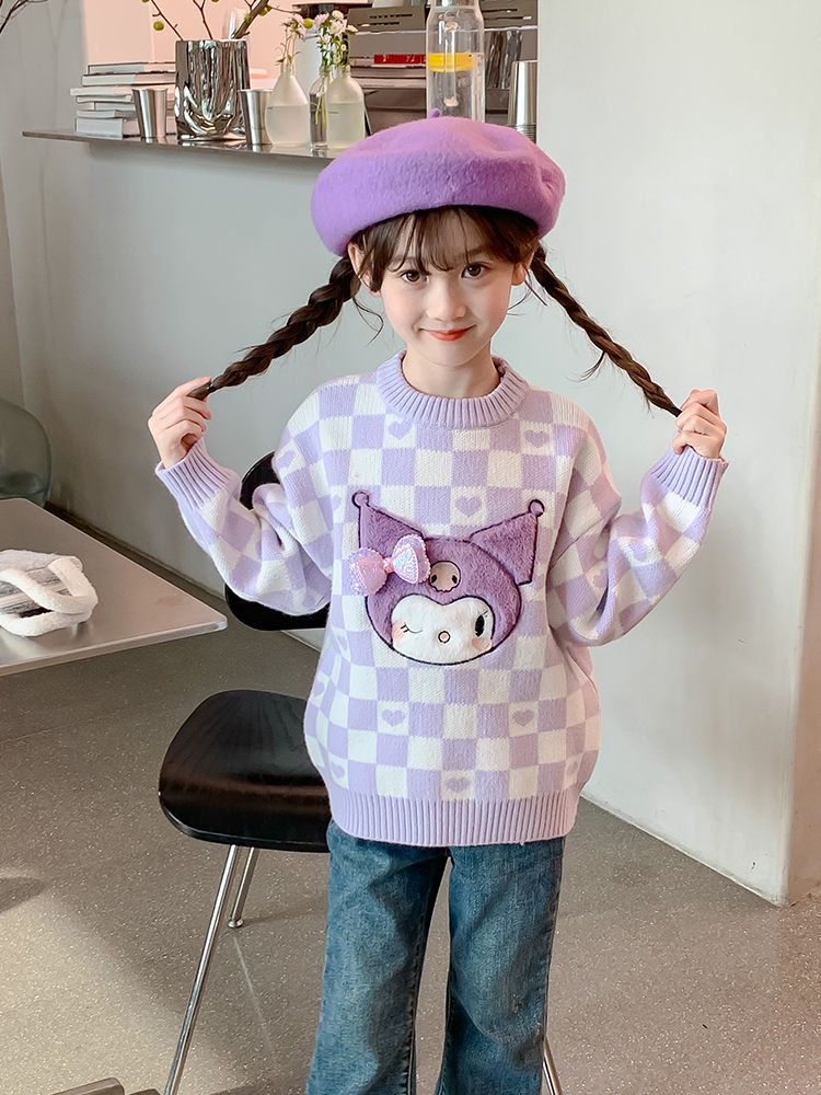 女童毛衣秋冬款2023新款紫色女孩冬装宽松打底儿童秋装加厚针织衫