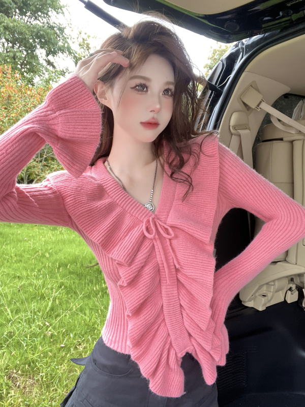 氣質荷葉邊長袖v領修身針織毛衣女裝秋季設計感小眾甜美顯瘦上衣