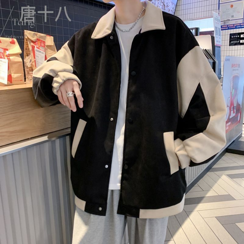 翻領夾克男秋冬2023款美式潮牌寬鬆百搭ins拼色休閒鹿皮絨外套