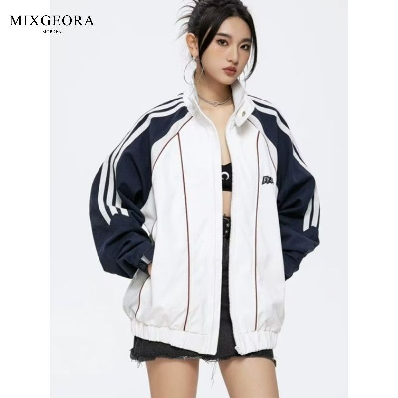 MIX GEORA American retro striped splicing jacket jacket for men and women high street loose stand-up collar couple jacket