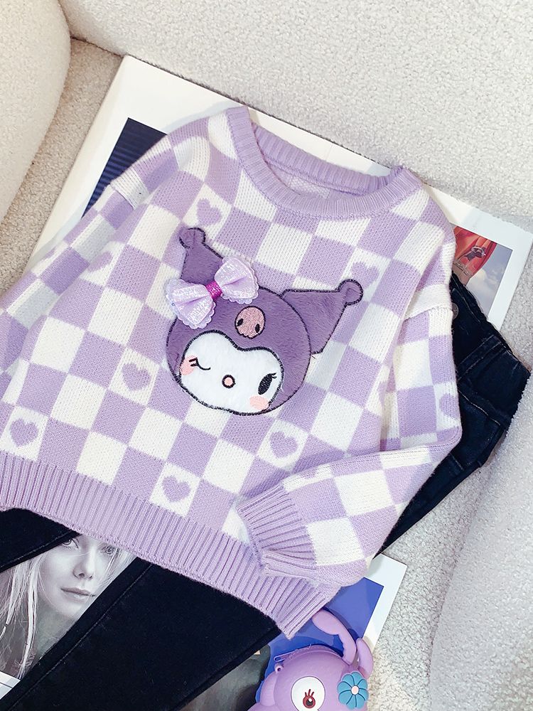 女童毛衣卡通时尚2023新款小童库洛米套头上衣儿童紫色针织打底衫