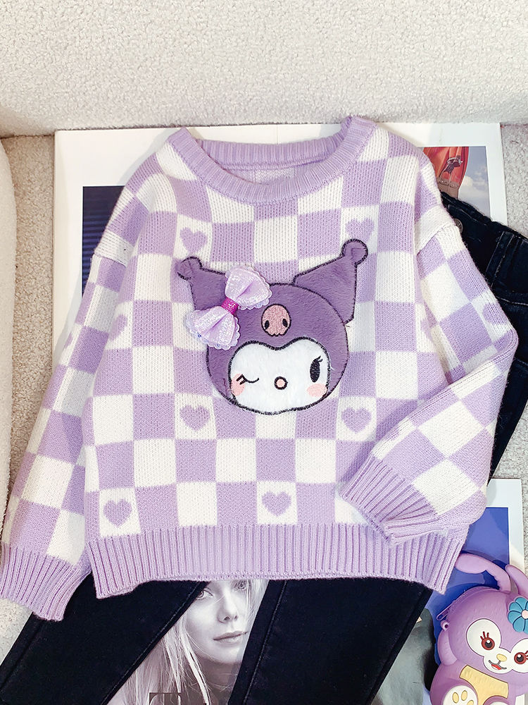 女童毛衣卡通时尚2023新款小童库洛米套头上衣儿童紫色针织打底衫