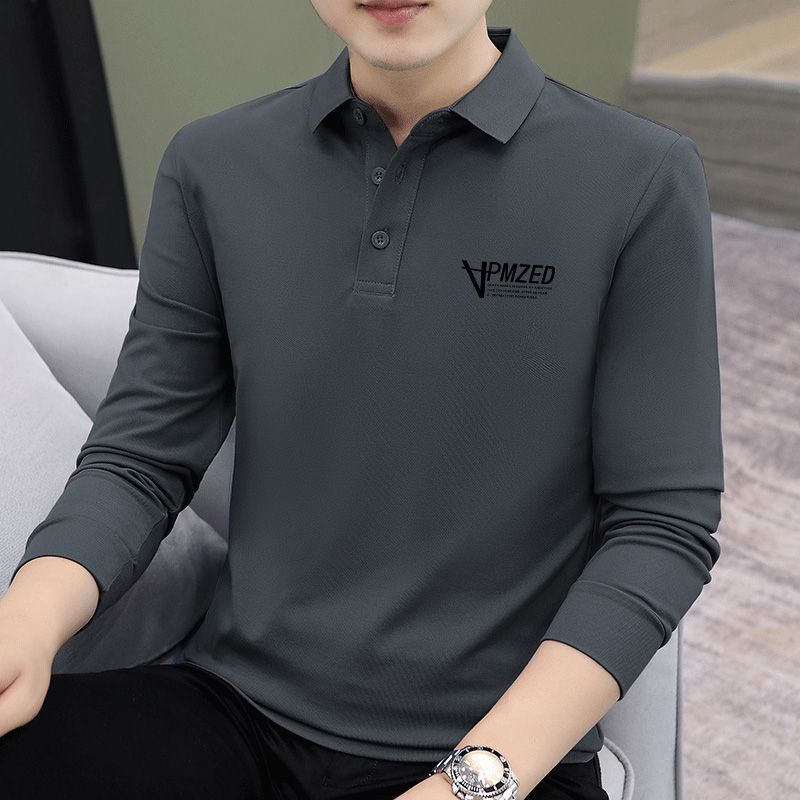 Autumn high-end printed long-sleeved T-shirt men's new lapel seamless casual men's polo shirt men's T-shirt trendy T