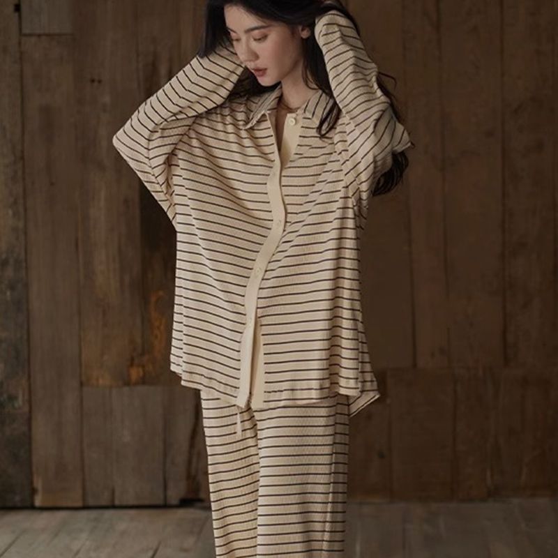 Korean style pajamas for women, spring and autumn striped women's loose home clothes, long-sleeved suits for women, sweet and can be worn outside, two-piece set