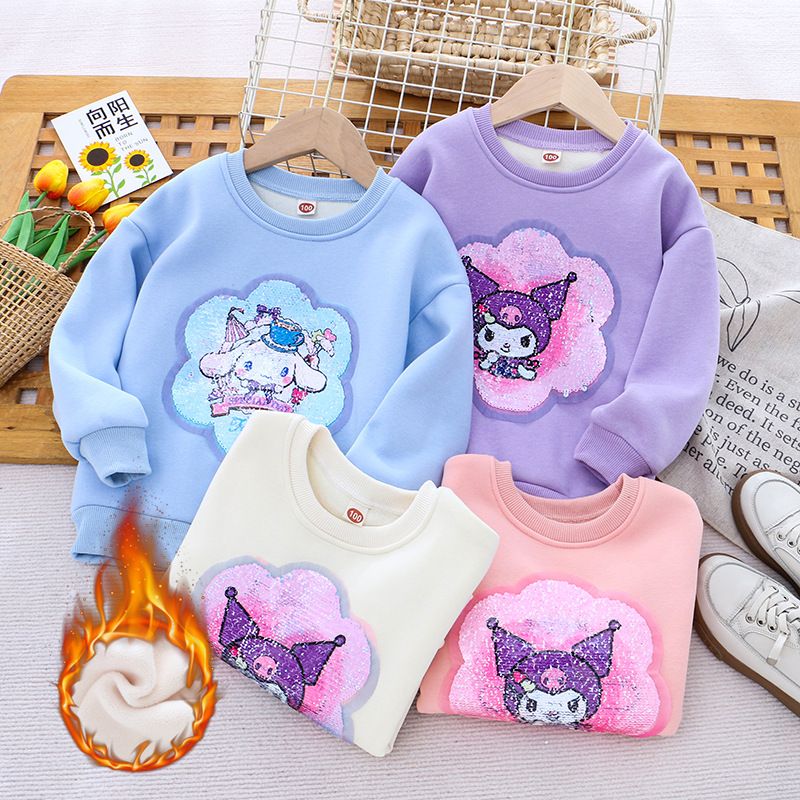 Children's clothing winter clothing new girls' fleece sweatshirt Kuromi color-changing sequined top thickened one-piece fleece