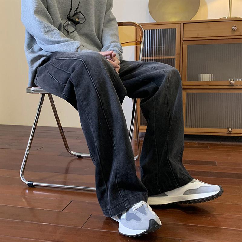 European and American retro pants slimming splicing washed jeans men's loose straight casual wide-leg pants design niche