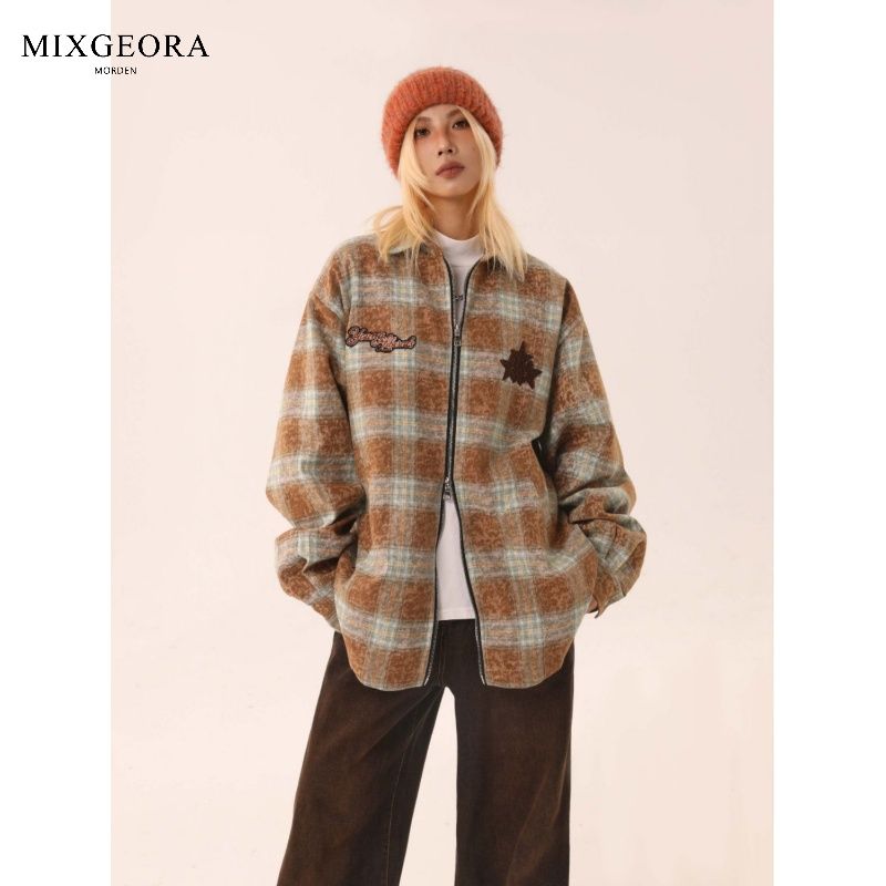 MIX GEORA美式刺繡格子襯衫外套女男女秋季拉鏈復古潮夾克設計感