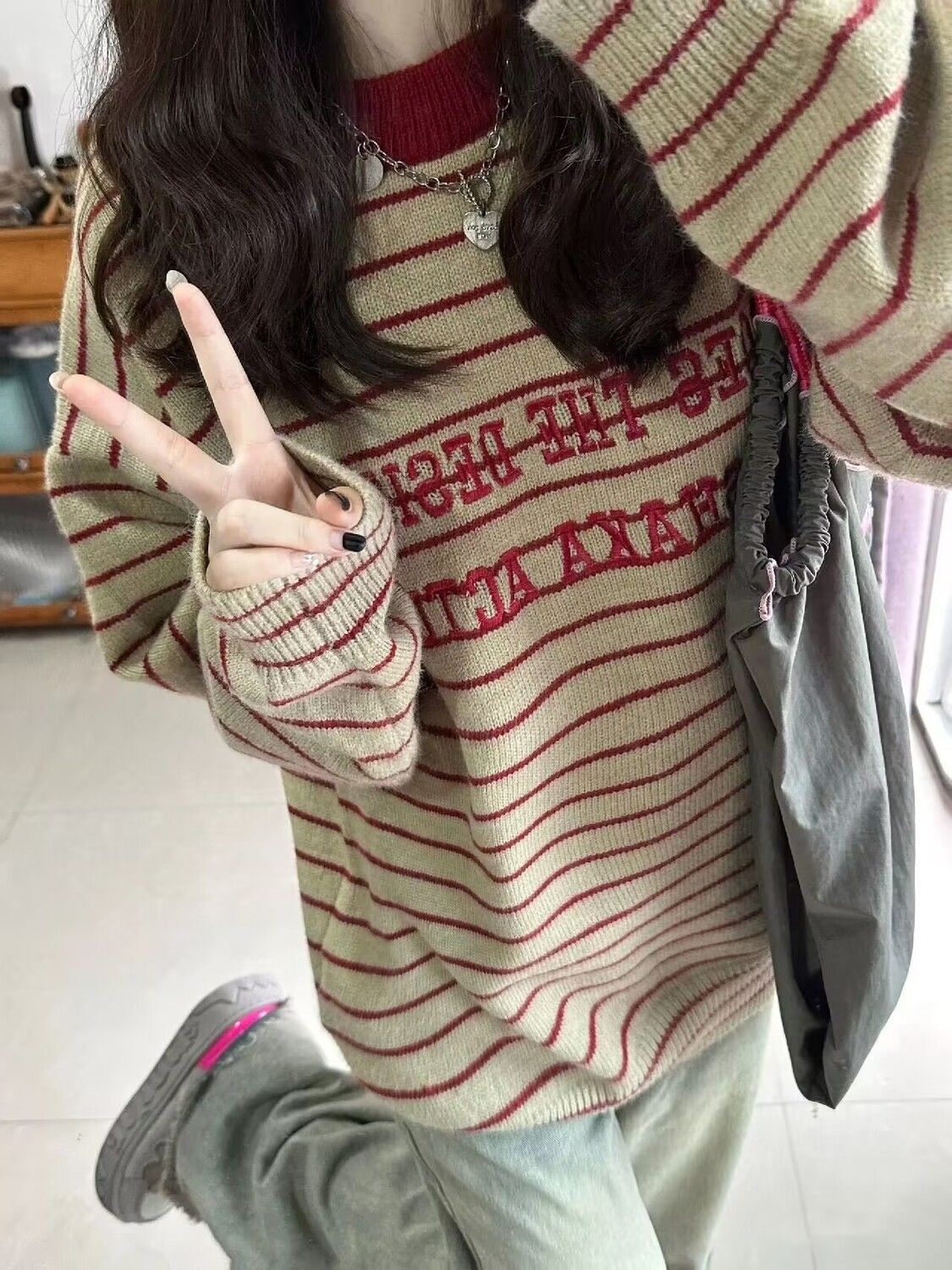 美式復古圓領字母刺繡紅色條紋毛衣女秋冬新款寬鬆慵懶風針織上衣