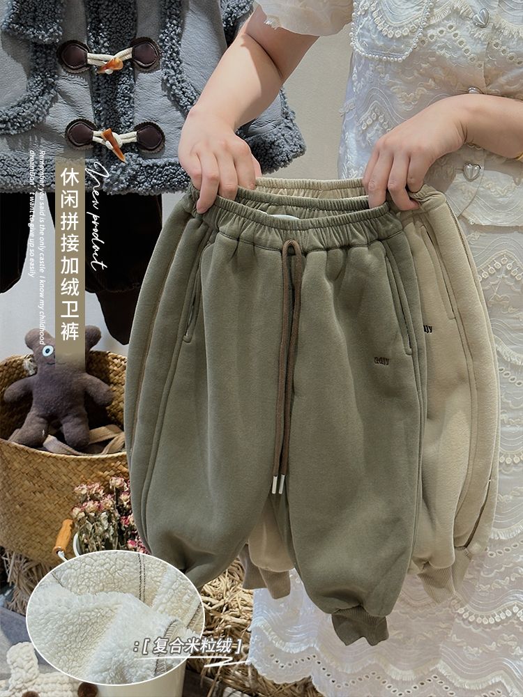 Children's composite rice velvet baby thread plus velvet sweatpants winter Korean style boys and girls all-in-one velvet casual pants