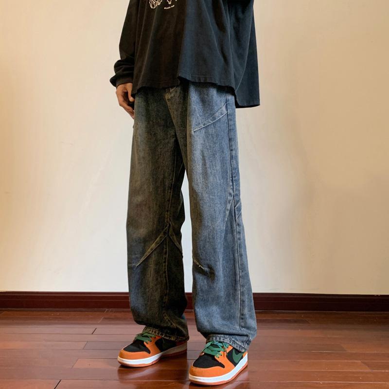 Jeans men's spring and autumn Hong Kong fashion brand washed American retro splicing loose casual straight wide-leg long trousers