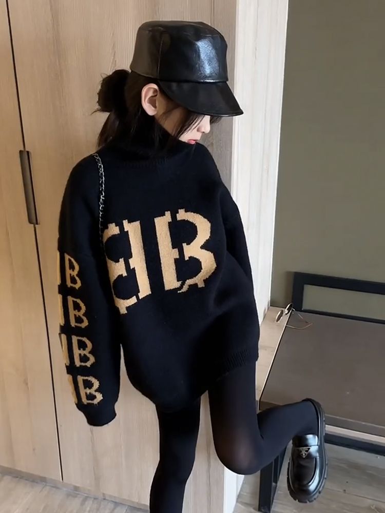 女童高領毛衣秋冬2023新款潮兒童中長款套頭衫女孩針織打底衫洋氣