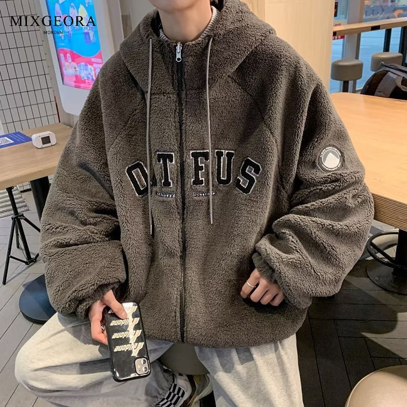 MIX GEORA冬季羊羔絨保暖棉服男女連帽寬鬆潮日系潮牌兩面穿外套