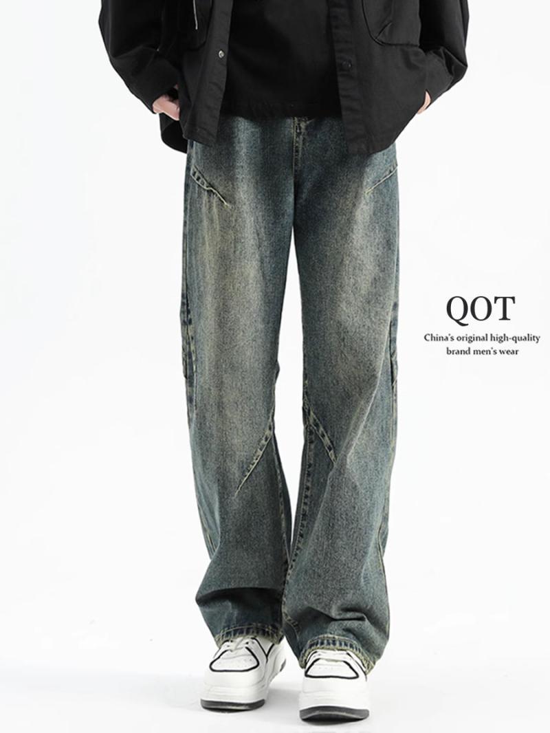 American high street deconstructed jeans for men in autumn trendy design loose straight pants retro washed casual trousers
