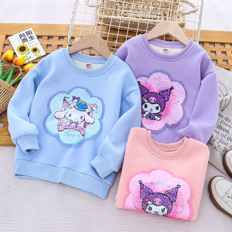 Children's clothing winter clothing new girls' fleece sweatshirt Kuromi color-changing sequined top thickened one-piece fleece