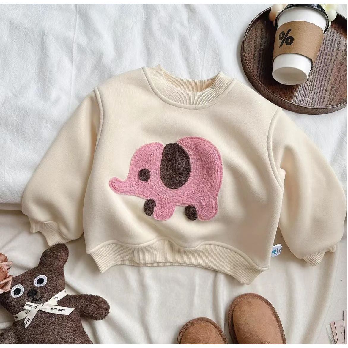 Children's Clothing  Girls Winter New Style Velvet Cartoon Print Sweater Baby Girl Versatile Outerwear Warm Top