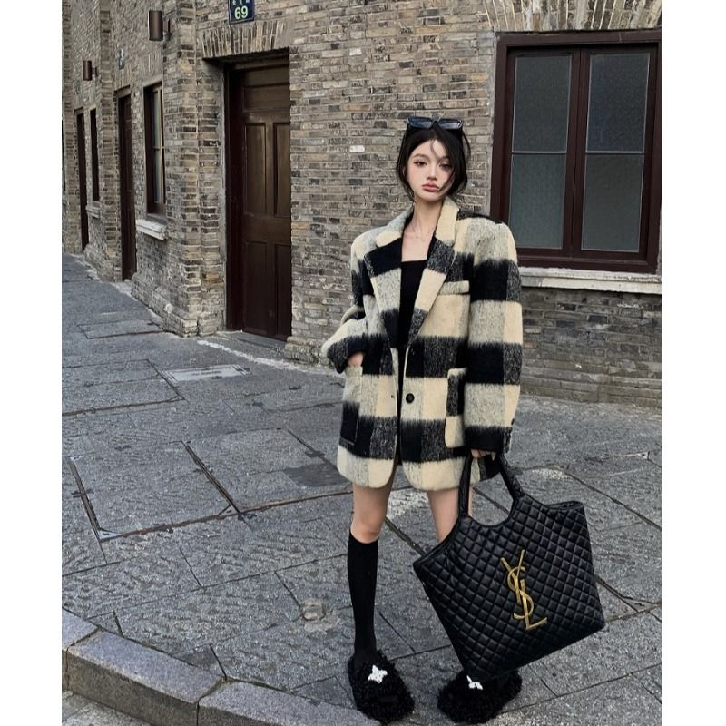 富家千金格子西裝毛呢外套女秋冬季加厚小個子赫本小香風呢子大衣