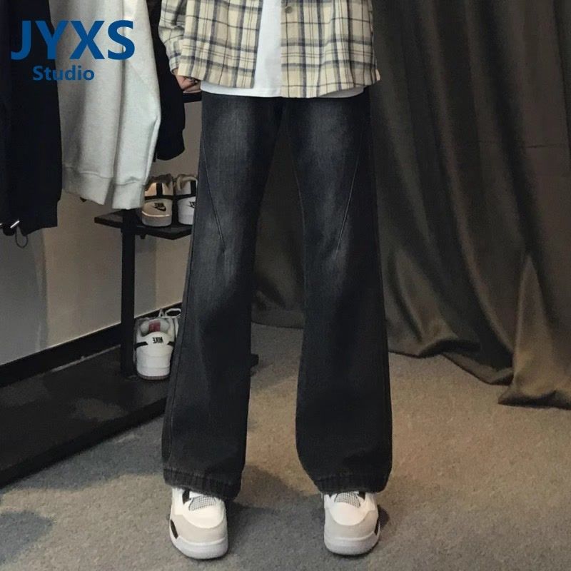 ins水洗牛仔布新款牛仔褲男女寬鬆黑色微喇長褲簡約無彈青春潮流