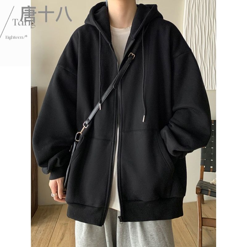 拉鏈開衫衛衣男秋冬季新款重磅硬挺衣服寬鬆雙層連帽衫外套