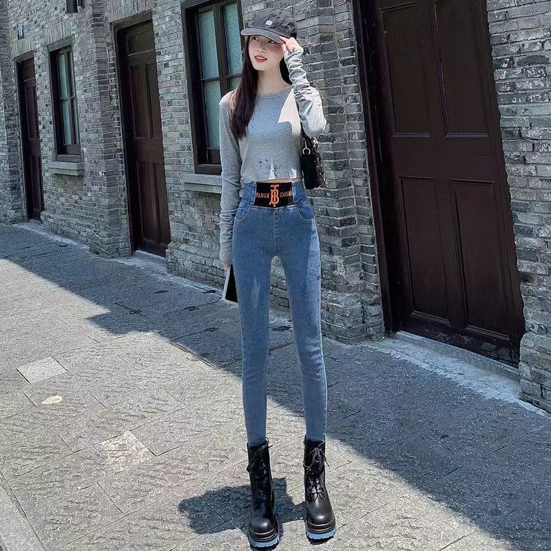 高腰牛仔鉛筆褲女2023年秋冬季新款彈力大碼鬆緊腰牛仔小腳褲女