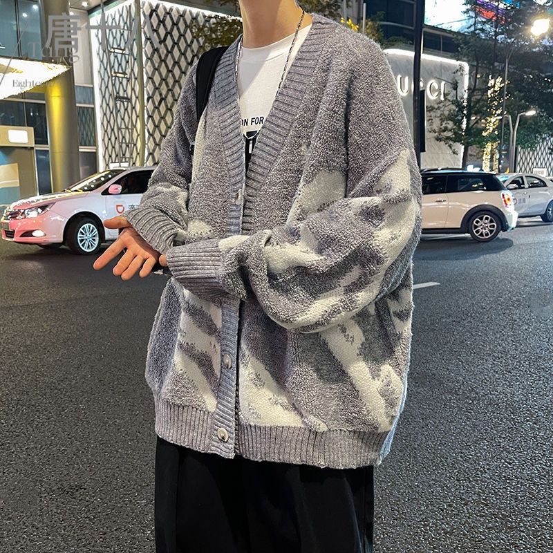 美式復古撞色高級感毛衣針織衫男女寬鬆情侶款慵懶風冬季開衫外套