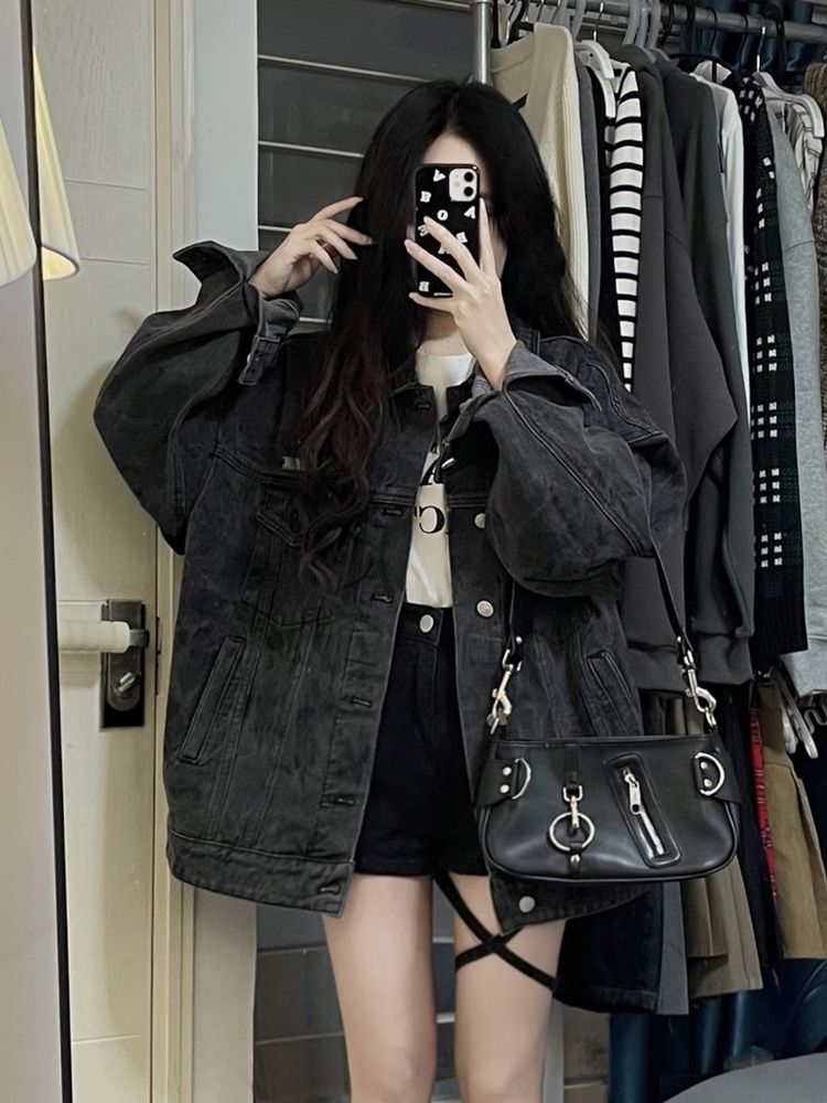 High street American denim jacket women's autumn Korean version retro loose bf lazy design niche street work jacket