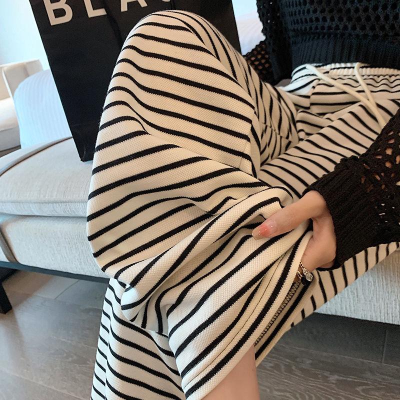 黑白條紋闊腿褲女秋季新款高腰垂感寬鬆小個子直筒窄版休閒拖地褲