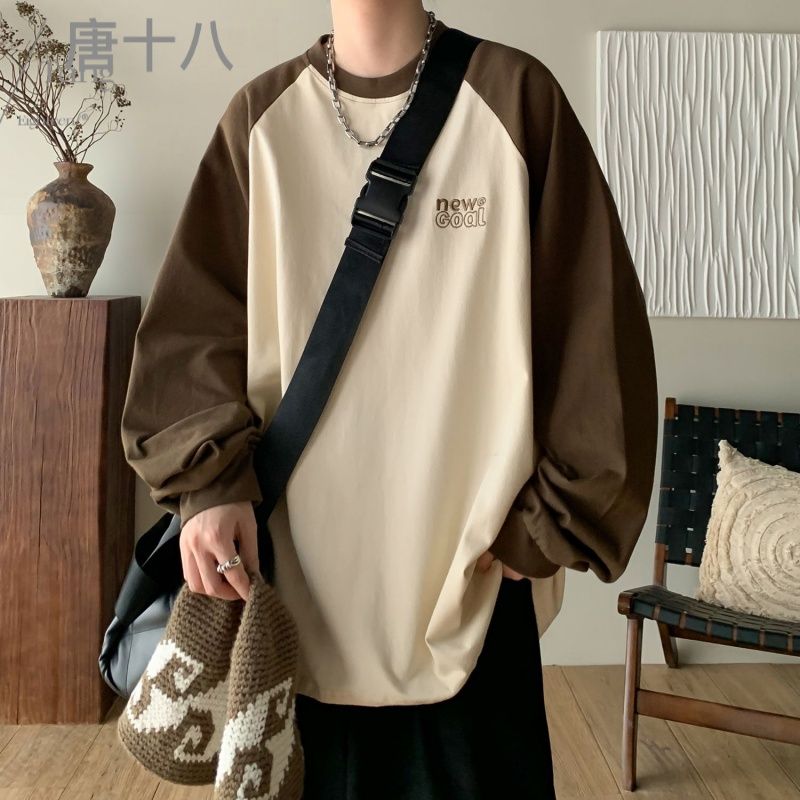 美式復古插肩長袖t恤潮牌無性別圓領衛衣男小眾情侶寬鬆休閒外套