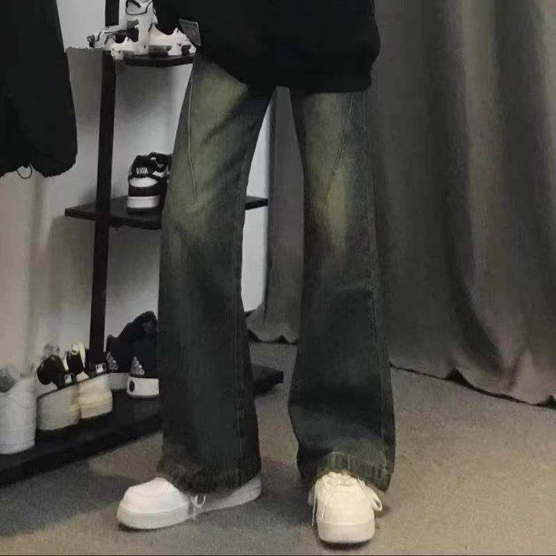 快手小白吖美式復古洗水做舊藍微喇叭寬鬆牛仔褲男女提檔顯瘦長褲