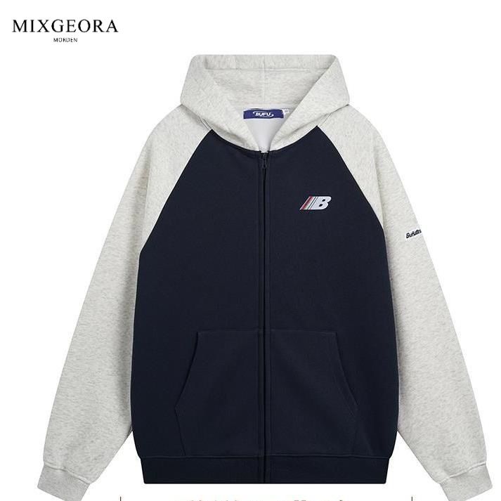 MIX GEORA autumn and winter American retro raglan cardigan hooded sweatshirt men's and women's trendy casual couple jackets
