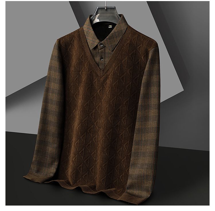 [Plüschig und verdickt] Herbst und Winter neue High-End-Herren-Business-Casual-warme Hemdkragen-Fake-Two-Pullover_voghion.com