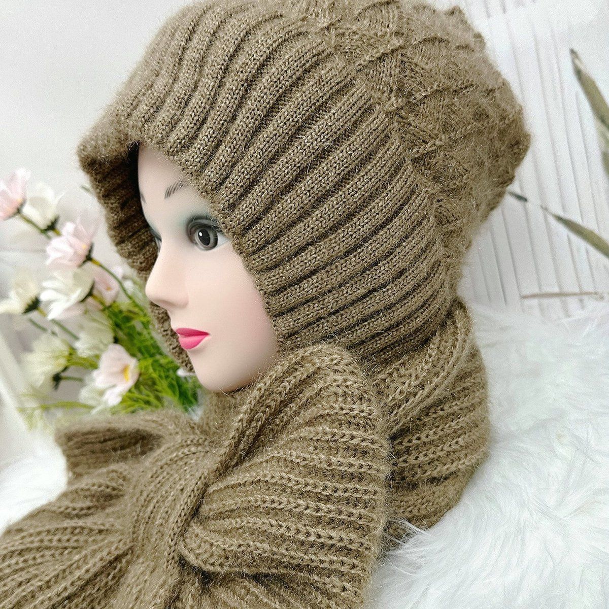 新款秋冬松鼠绒双层针织加绒加厚连体围巾风雪帽护耳护颈保暖抗风