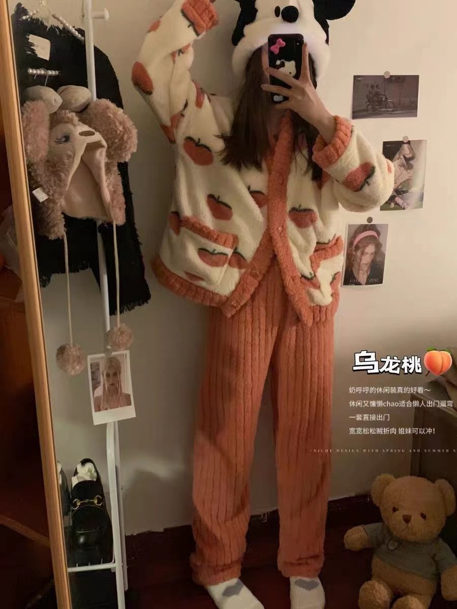 小香風冬季睡衣女加厚加絨外穿可愛法蘭絨兩件套保暖珊瑚絨家居服