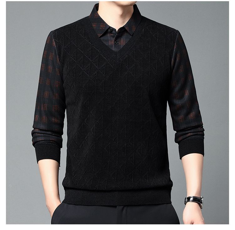 [Plüschig und verdickt] Herbst und Winter neue High-End-Herren-Business-Casual-warme Hemdkragen-Fake-Two-Pullover_voghion.com