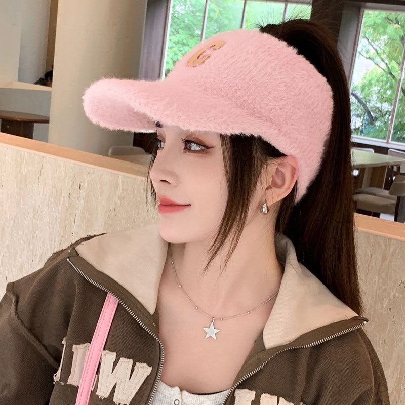 Hat Women's Autumn and Winter Korean Version Versatile Empty Top Ponytail Peaked Hat Plus Velvet Thickened Warm Knitted Wool Hat