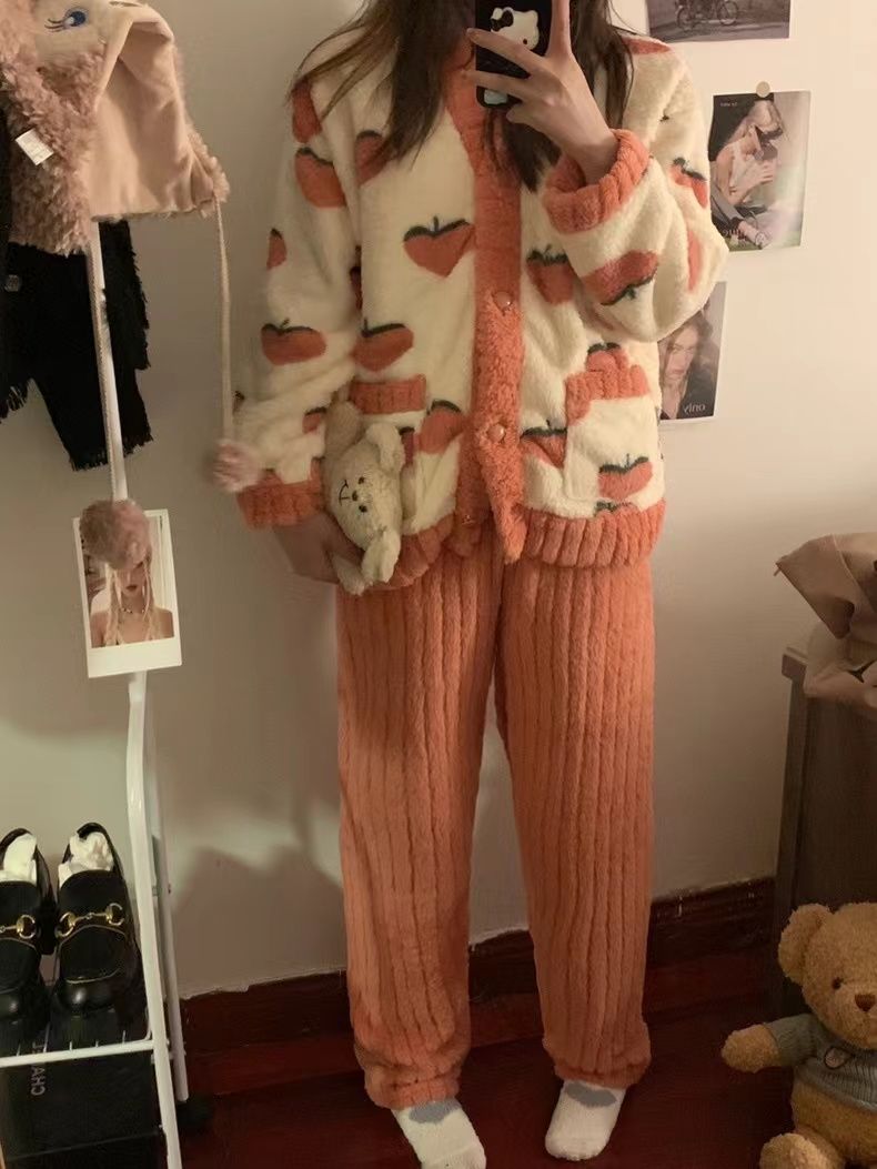 小香風水蜜桃珊瑚絨睡衣女款秋冬季加毛絨加厚法蘭公主家居服冬天