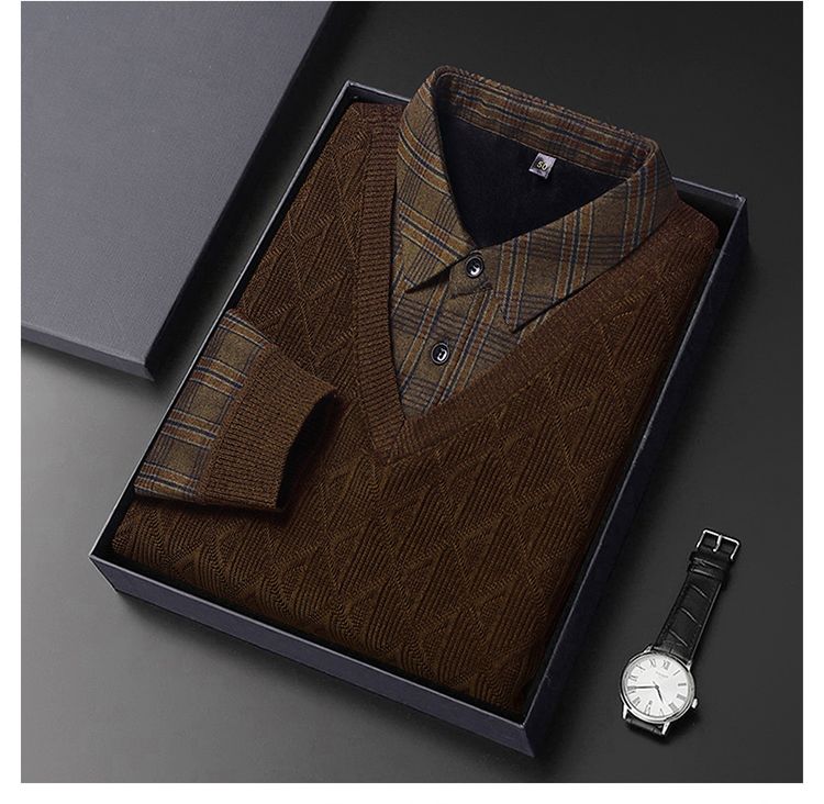 [Plüschig und verdickt] Herbst und Winter neue High-End-Herren-Business-Casual-warme Hemdkragen-Fake-Two-Pullover_voghion.com