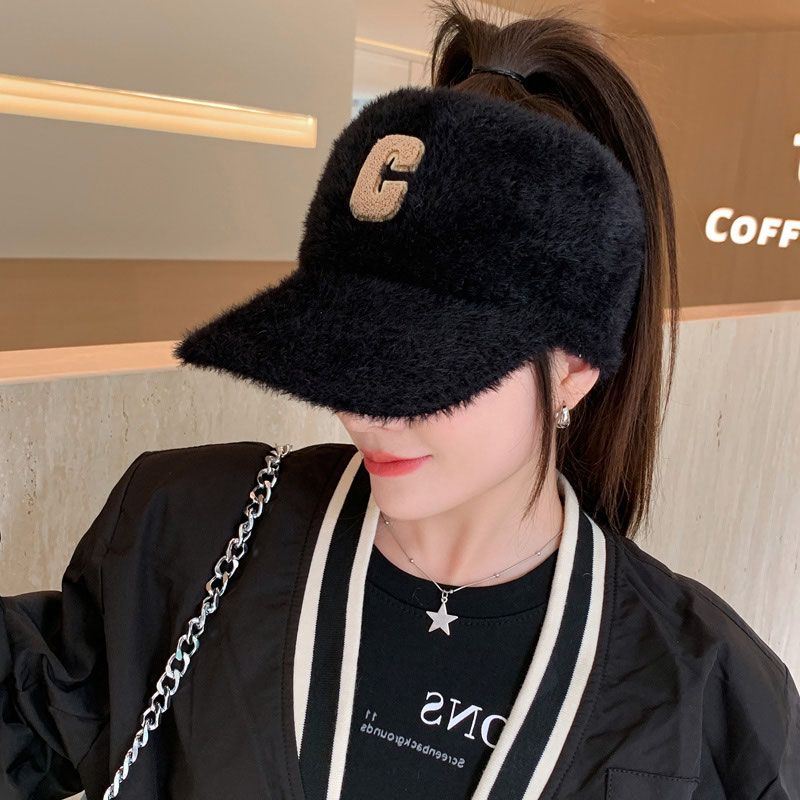 Hat Women's Autumn and Winter Korean Version Versatile Empty Top Ponytail Peaked Hat Plus Velvet Thickened Warm Knitted Wool Hat