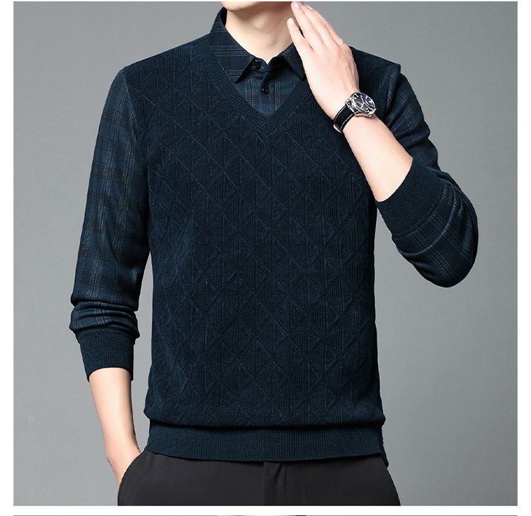 [Plüschig und verdickt] Herbst und Winter neue High-End-Herren-Business-Casual-warme Hemdkragen-Fake-Two-Pullover_voghion.com
