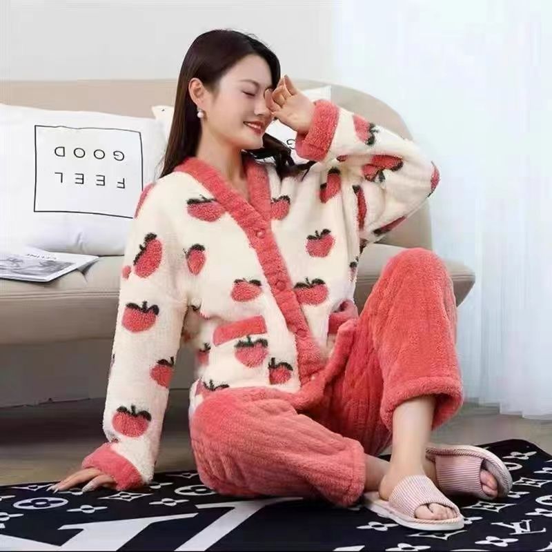 韓版甜美ins水蜜桃少女心睡衣女秋冬季珊瑚絨加厚加絨保暖家居服