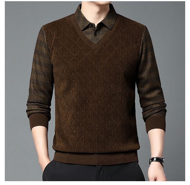 [Plüschig und verdickt] Herbst und Winter neue High-End-Herren-Business-Casual-warme Hemdkragen-Fake-Two-Pullover_voghion.com