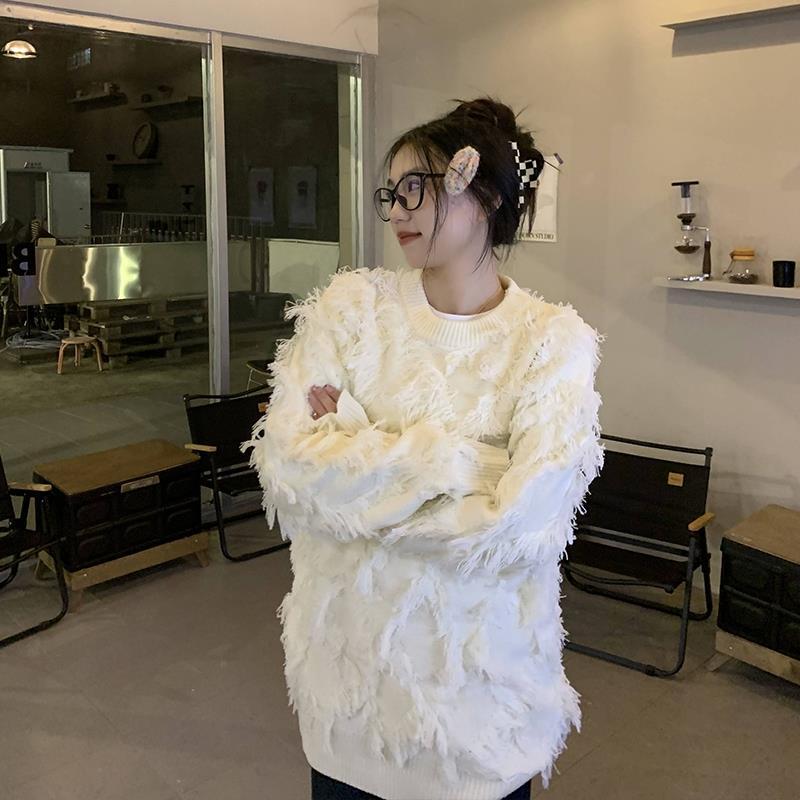 美式復古慵懶風流蘇白色毛衣男女秋冬季寬鬆高級感小眾設計毛線衣