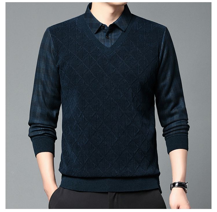 [Plüschig und verdickt] Herbst und Winter neue High-End-Herren-Business-Casual-warme Hemdkragen-Fake-Two-Pullover_voghion.com