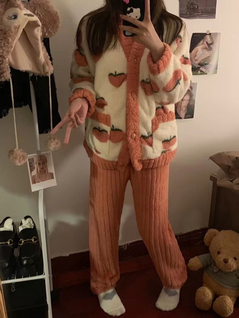 珊瑚絨睡衣女2023年新款秋冬季可愛卡通加絨加厚可外穿家居服套裝