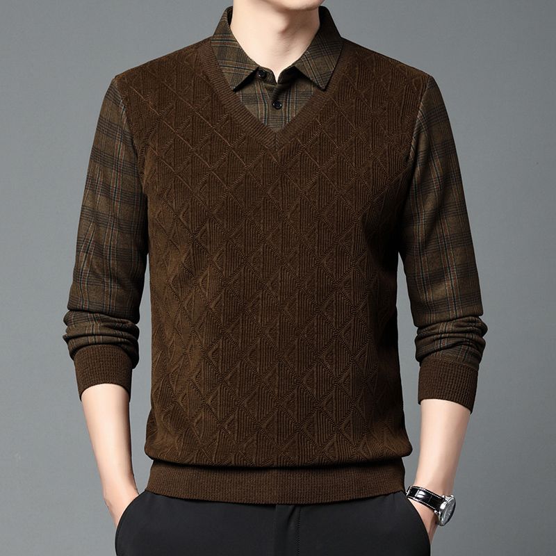 [Plüschig und verdickt] Herbst und Winter neue High-End-Herren-Business-Casual-warme Hemdkragen-Fake-Two-Pullover_voghion.com