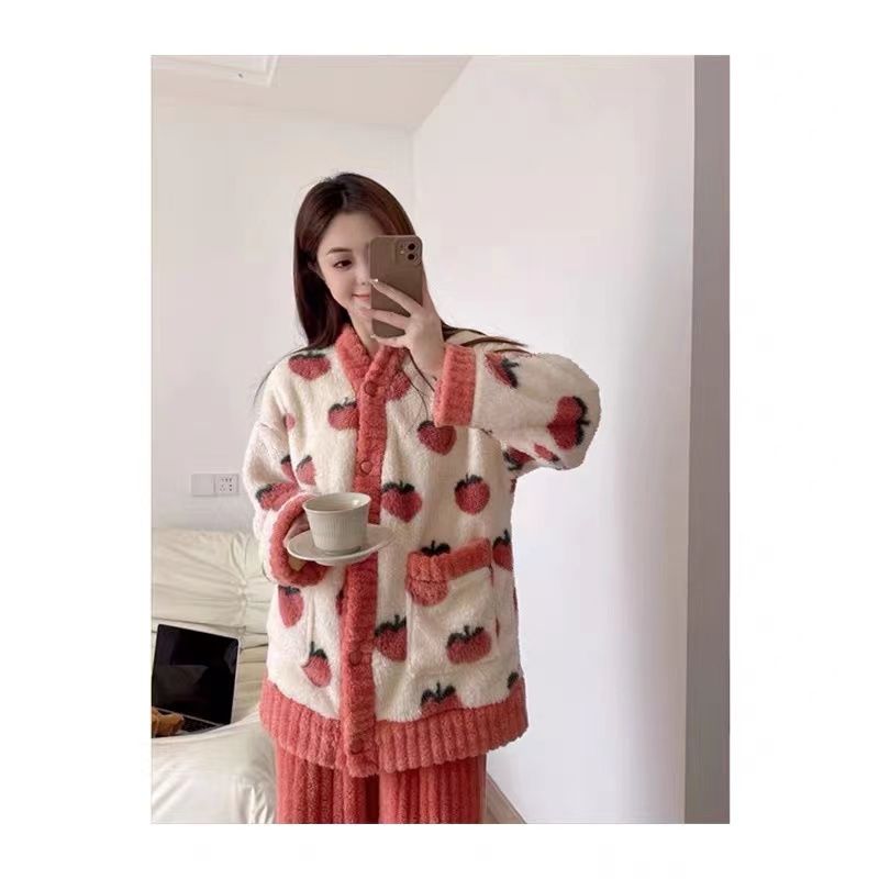 珊瑚絨睡衣女士秋冬季ins風高顏值加絨加厚法蘭絨家居服套裝冬天