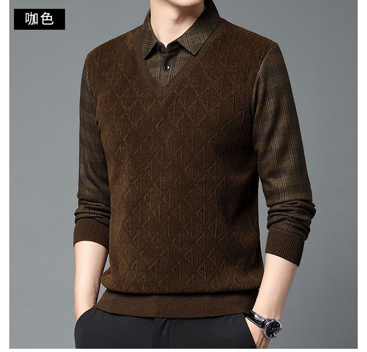 [Plüschig und verdickt] Herbst und Winter neue High-End-Herren-Business-Casual-warme Hemdkragen-Fake-Two-Pullover_voghion.com