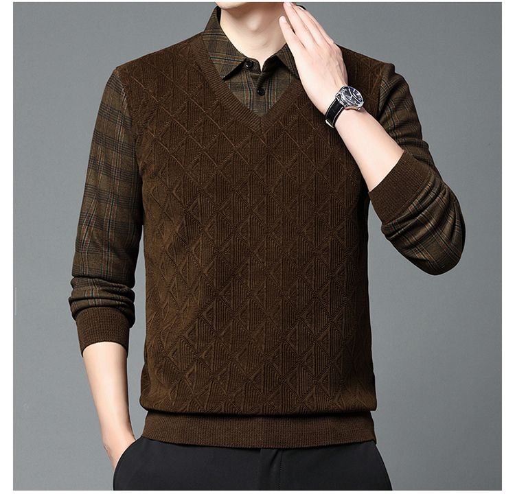 [Plüschig und verdickt] Herbst und Winter neue High-End-Herren-Business-Casual-warme Hemdkragen-Fake-Two-Pullover_voghion.com