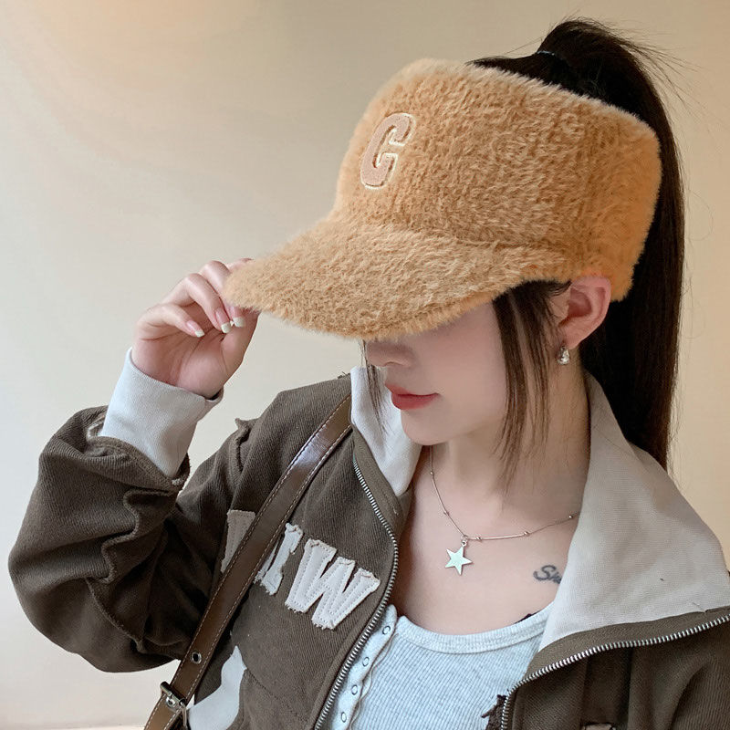 Hat Women's Autumn and Winter Korean Version Versatile Empty Top Ponytail Peaked Hat Plus Velvet Thickened Warm Knitted Wool Hat