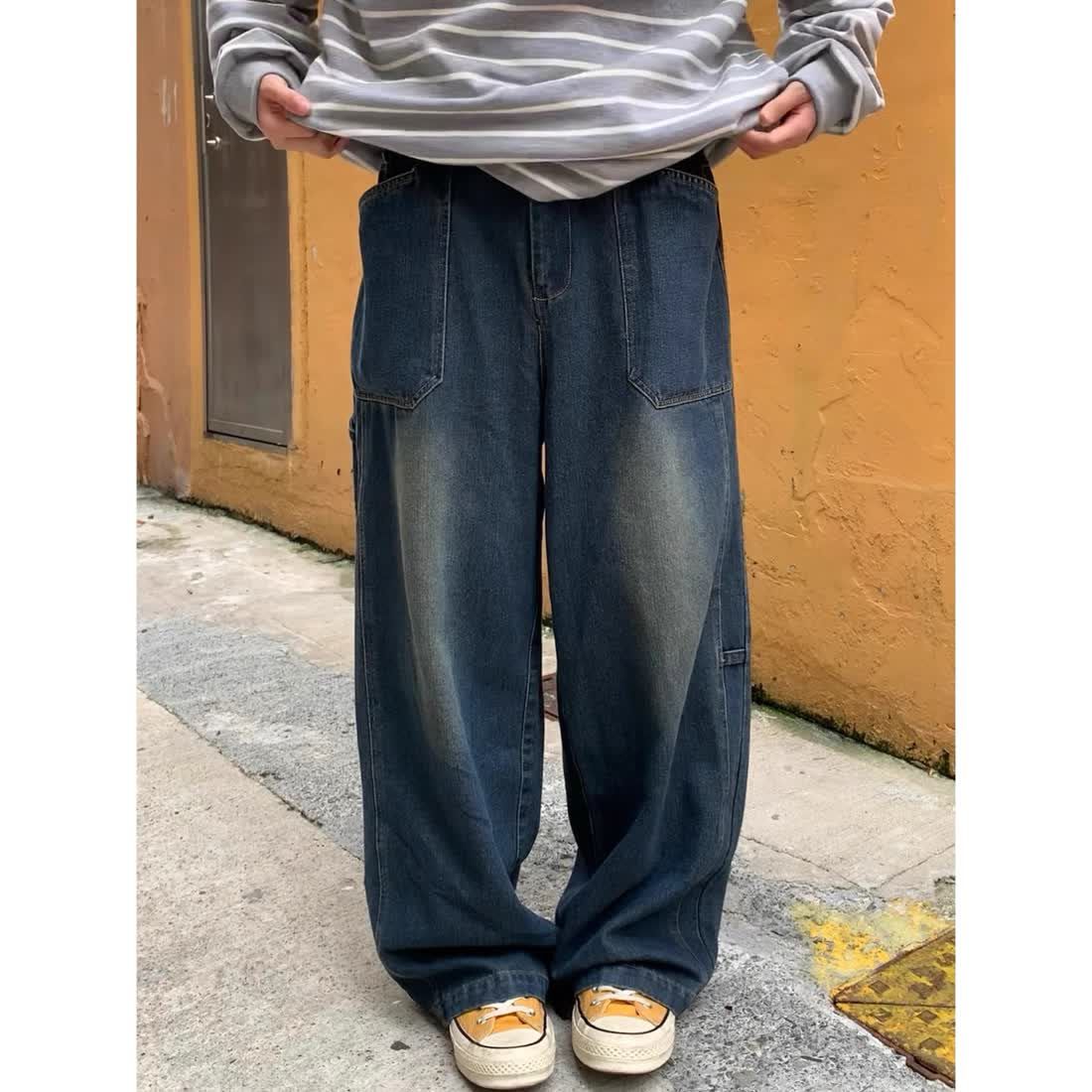 美式vibe復古做舊水洗口袋直筒牛仔褲男女寬鬆百搭日系闊腿長褲潮